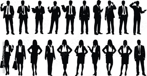 Business people silhouettes collection professional men and women standing walking holding documents phone bags corporate office team vector
