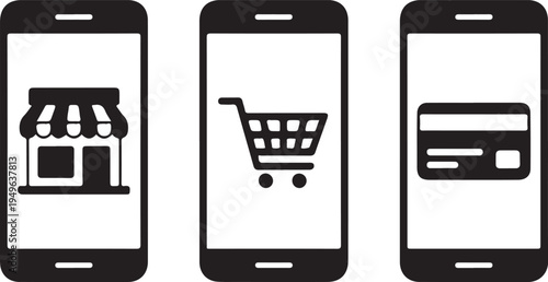 Three smartphones with shopping on screens mobile phones store shopping cart