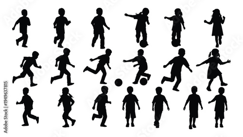 A group of people playing soccer in various poses