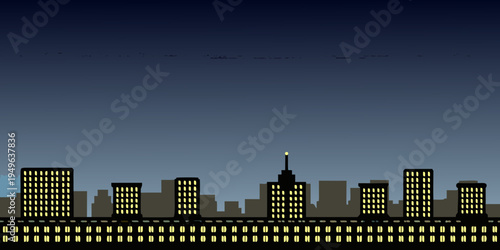 A pixelated cityscape at night with a glowing skyline and train tracks