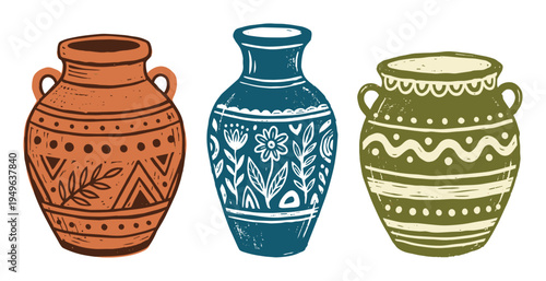 Three colorful pottery vases with handles and abstract line art in brown, blue and green color isolated on white background