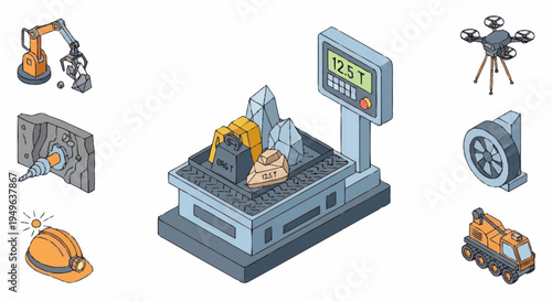 Industrial isometric icons set for heavy machinery and technology.