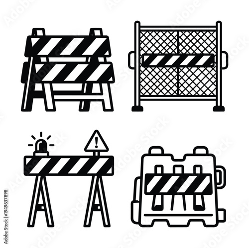 Road barricades vector illustration set. Construction barriers, traffic safety equipment, hazard warning signs collection