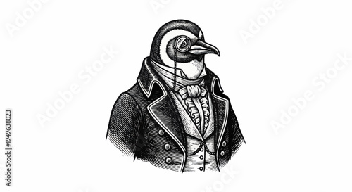 Victorian Penguin Dressed in Formal Attire with Monocle.
