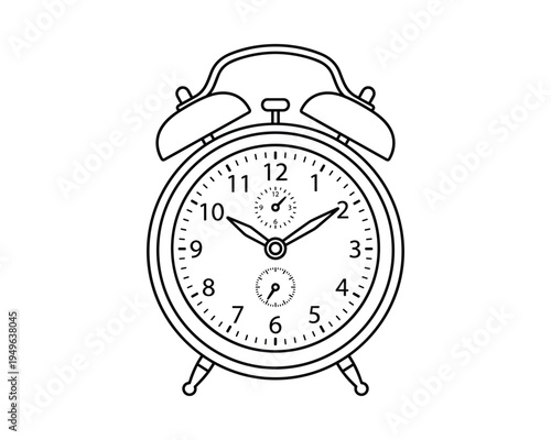 Alarm Clock Vector Illustration, Black and White Drawing of Timepiece