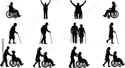 Disabled people silhouettes wheelchair users and elderly walking with cane caregivers assisting patients healthcare support vector illustration set