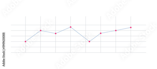 Data line graph with pink dots on a grey grid shows increasing and decreasing trends for data analysis