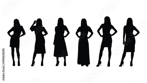 Six women in different poses in black silhouette