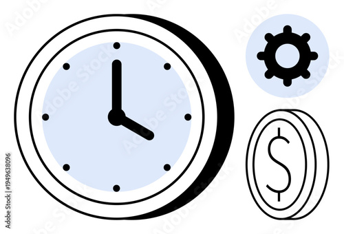 Time management. Clock, gear, and dollar symbols time management, productivity, and financial efficiency. Time management boosts workflow and business processes. Perfect for finance, strategy