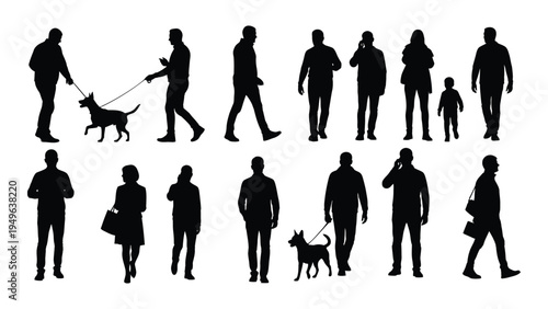A group of people walking with and without dogs