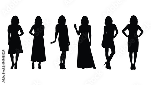 Six women in different poses and outfits
