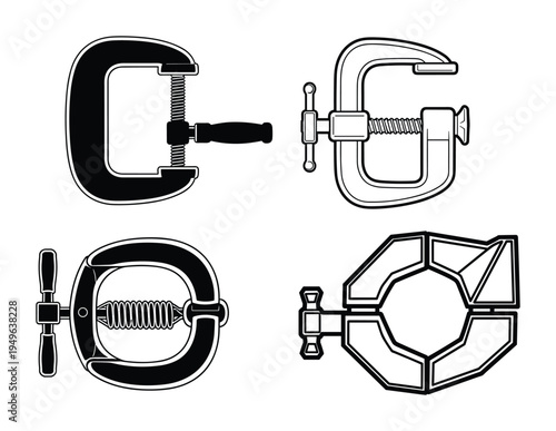 Group of C clamps and G clamps for woodworking and construction on transparent background