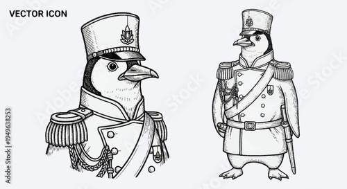Two penguins dressed in vintage military uniforms.