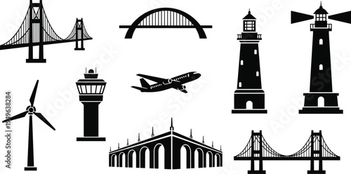 Transportation infrastructure silhouettes including bridges lighthouse airplane control tower wind turbine aqueduct architecture travel engineering vector icon set illustration