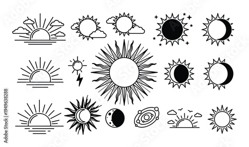 Sun and Moon Phases Line Art Set, Celestial Bodies, Sunrise Sunset, Galaxy, and Weather Elements Vector Collection
