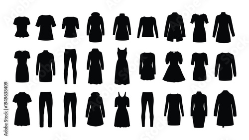 A collection of black clothing silhouettes for various outfits
