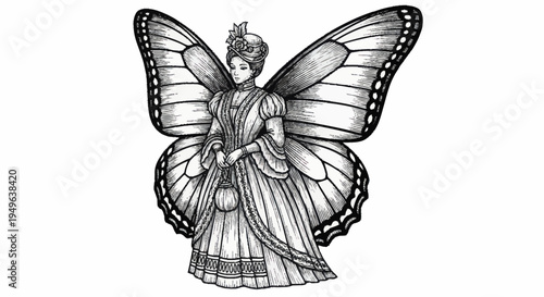 Elegant Victorian Woman with Butterfly Wings Illustration.