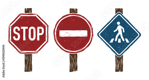 Stop sign, do not enter, and pedestrian crossing vector signs on wooden posts. Road safety signs collection.