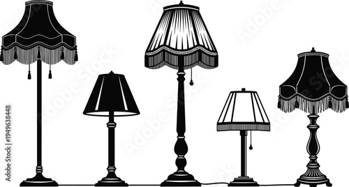Vintage floor and table lamps silhouettes with classic fabric shades decorative lighting fixtures isolated vector illustration collection for interior decor