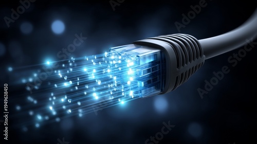 High-speed fiber optic ethernet cable transmitting glowing digital data particles, advanced network technology concept for internet infrastructure, cloud computing and cybersecurity