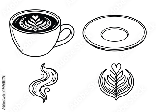 Coffee cup saucer steam latte art vector illustration elements
