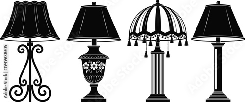 Vintage table and floor lamps silhouettes classic decorative lighting fixtures antique interior decor vector illustration collection isolated