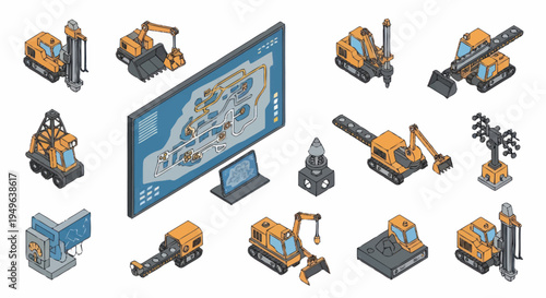 Isometric Construction Equipment and Blueprint Display.