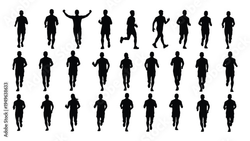 A collection of black silhouettes of men in various running and playing soccer poses