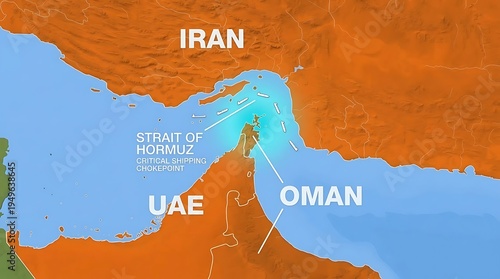 Geographic Map of the Strait of Hormuz Showing Iran UAE and Oman as a Strategic Global Shipping Route for Oil and Trade Logistics