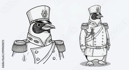 Two penguins dressed in detailed military uniforms.