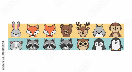 Collection of Cute Cartoon Animal Faces in Rows.