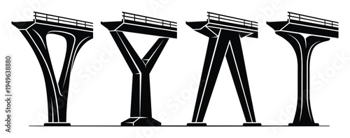 Set of four modern bridge pillars silhouettes isolated on a transparent background, infrastructure support structure