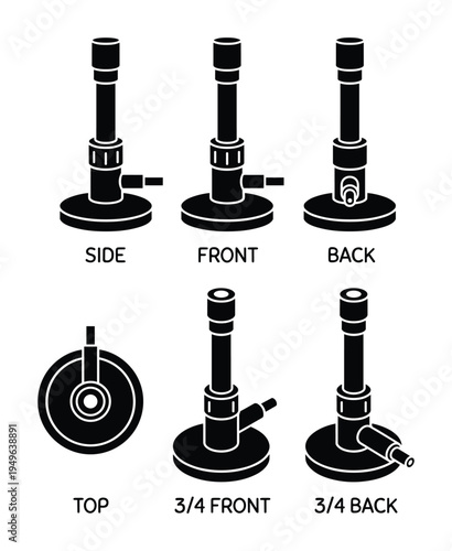 Set of bunsen burner views from different angles isolated on transparent background, laboratory equipment