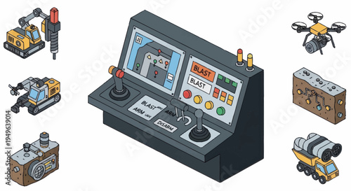 Construction machinery and control panel isometric illustration.