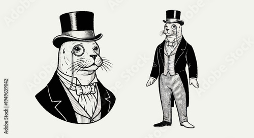 Elegant Seals Dressed in Formal Attire and Top Hats.