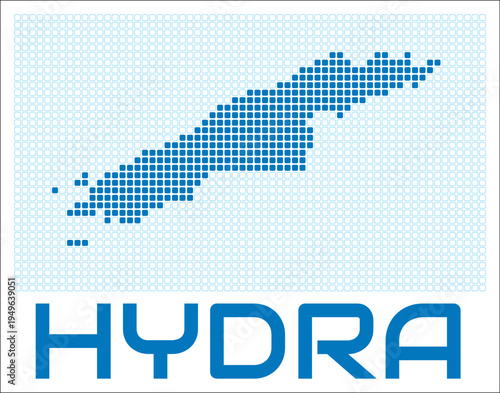 Hydra digital style map with blue rounded rectangle dots. Greece. Dotted shape of the island. Hydra blue colored map and title on white background. Creative Vector Illustration.