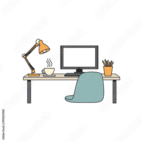 Office Desk Setup with Computer and Lamp vector illustration