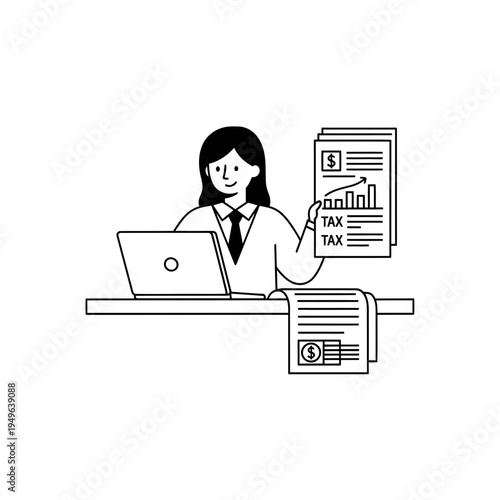 Woman Working on Taxes with Laptop vector illustration