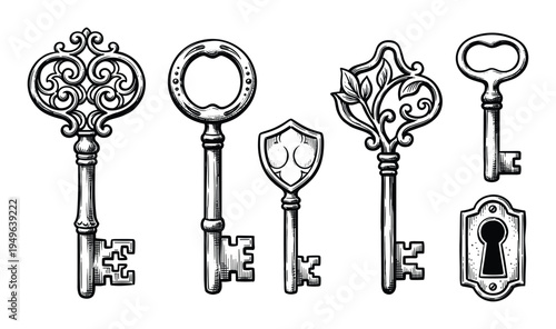 Set of intricate ornate skeleton keys and keyhole in black and white engraving style