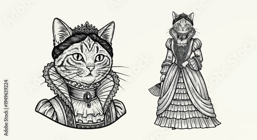 Elegant Cat Queen Portrait and Full Body Illustration.