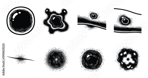 Set of black and white graphic illustrations of various skin conditions and problems including acne and blemishes