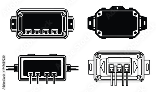 Set of black electrical junction box icons illustrating enclosures for wiring connections