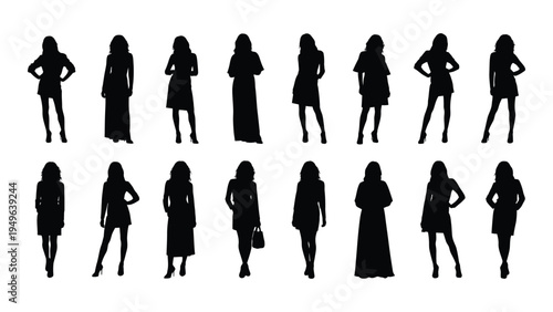 Silhouettes of women in various poses and outfits