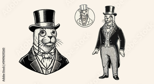 Vintage Seal Gentleman in Top Hat and Tuxedo.