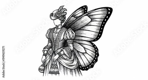 Elegant Victorian Woman with Butterfly Wings Illustration.