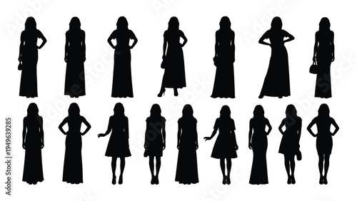 Collection of women's silhouettes in various poses and dresses