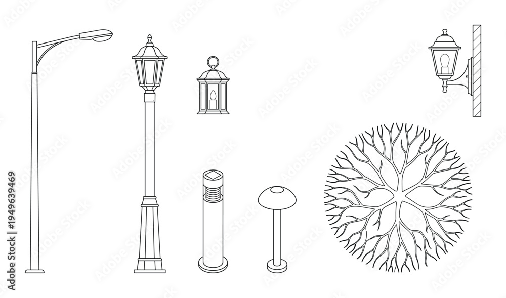 Fototapeta premium Modern outdoor lighting fixtures and tree top view symbols for architectural site planning and design