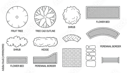 Various garden design elements and symbols like trees shrubs hedges flower beds perennial borders for landscape