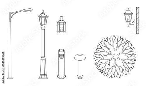 Modern outdoor lighting fixtures and tree top view symbols for architectural site planning and design