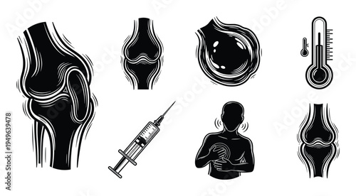 Set of medical icons depicting joints, inflammation, pain, syringe, and thermometer, monochrome vector illustration